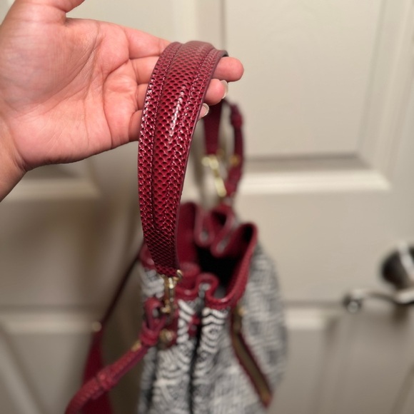 Elizabeth and James Geometric Bucket Bag – Black/White with Burgundy Strap - Picture 10 of 16